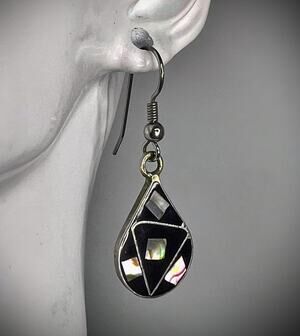 Vintage Mexico Silver Black  Abalone Inlay Teardrop Earrings